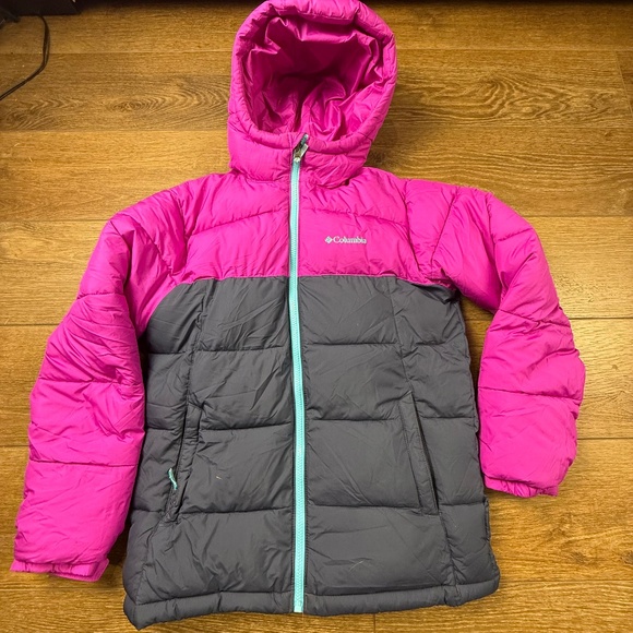 Columbia Girls Pike Lake Quilted Full-Zip Hooded Puffer Jacket Navy/Purple Sz L - Picture 1 of 15